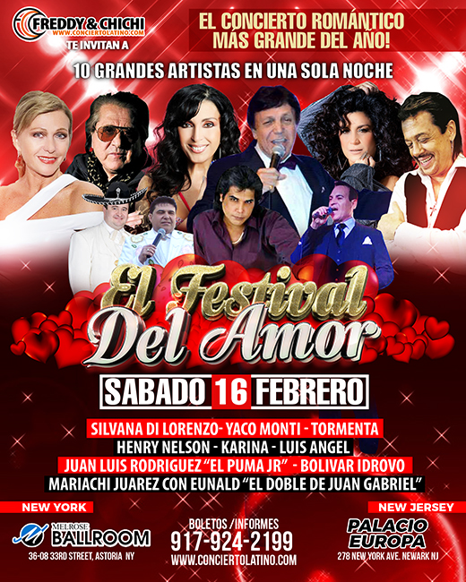 Buy tickets for EL FESTIVAL DEL AMOR 2019 NEW JERSEY - Silvana - Yaco Monti - Luis Angel - Tormenta - Henry Nelson - Karina - El Puma Jr. - Leo EL FESTIVAL DEL AMOR 2019 NEW JERSEY - Silvana - Yaco Monti - Luis Angel - Tormenta - Henry Nelson - Karina - El Puma Jr. - Leo