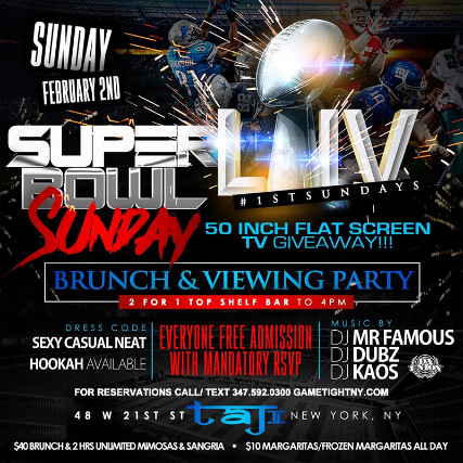 Buy tickets for Taj Lounge Superbowl Sunday Brunch & Viewing Party 2020 Taj Lounge Superbowl Sunday Brunch & Viewing Party 2020