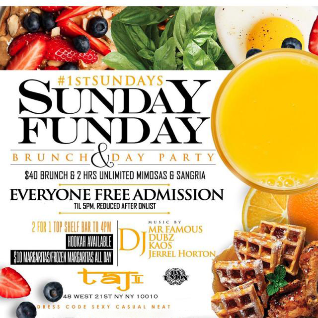 Taj Lounge NYC Hip Hop vs Reggae Sunday Funday Brunch Party