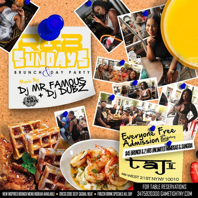 Buy tickets for Taj Lounge NYC Sunday Funday Hip Hop vs. Reggae® Brunch & Day Party Taj Lounge NYC Sunday Funday Hip Hop vs. Reggae® Brunch & Day Party