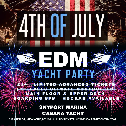 Buy tickets for July 4th NYC EDM Sunset Fireworks Show Yacht Cruise July 4th NYC EDM Sunset Fireworks Show Yacht Cruise