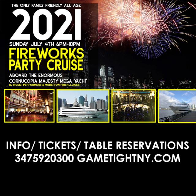 July 4th NYC ALL AGES Sunset Fireworks Show Yacht Cruise Pier 40 Cornucopia