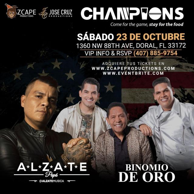 Buy tickets for ALZATE Y EL BINOMIO DE ORO EN CONCIERTO!  MIAMI FLORIDA. SABADO, OCT. 23, 2021. ALZATE Y EL BINOMIO DE ORO EN CONCIERTO!  MIAMI FLORIDA. SABADO, OCT. 23, 2021.