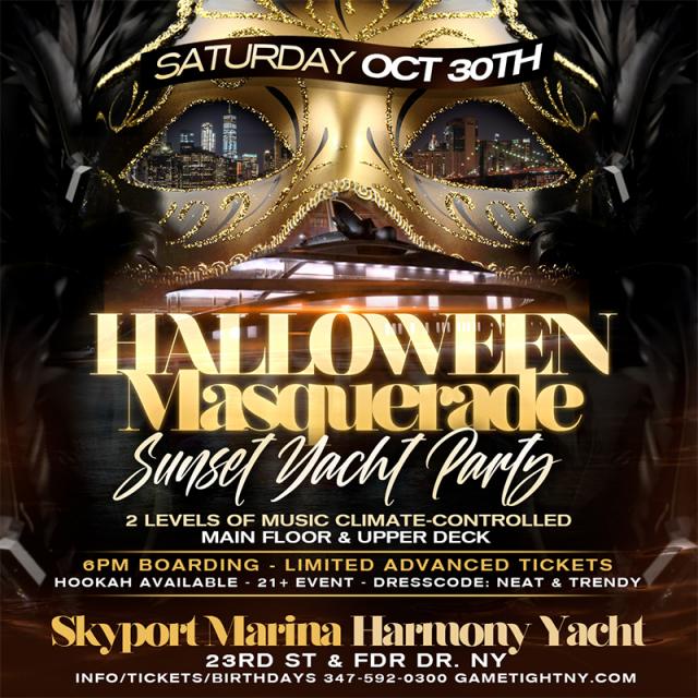 Buy tickets for NYC Halloween Masquerade Saturday Sunset Yacht Party Skyport Marina Harmony NYC Halloween Masquerade Saturday Sunset Yacht Party Skyport Marina Harmony