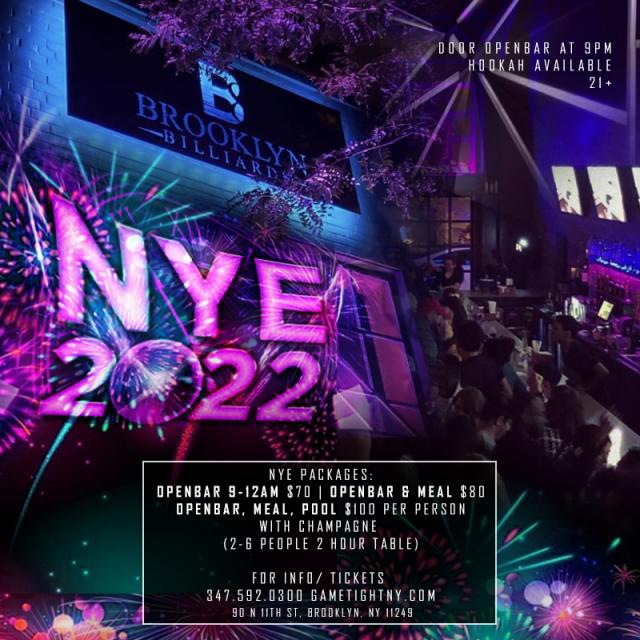 Buy tickets for Brooklyn Billiards NYE 3 Hour Openbar, Food & Pool 2022 Brooklyn Billiards NYE 3 Hour Openbar, Food & Pool 2022