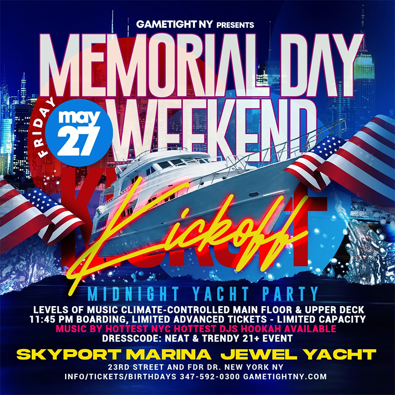NYC Memorial Day Weekend Kickoff Jewel Yacht Party Cruise at Skyport Marina 2022