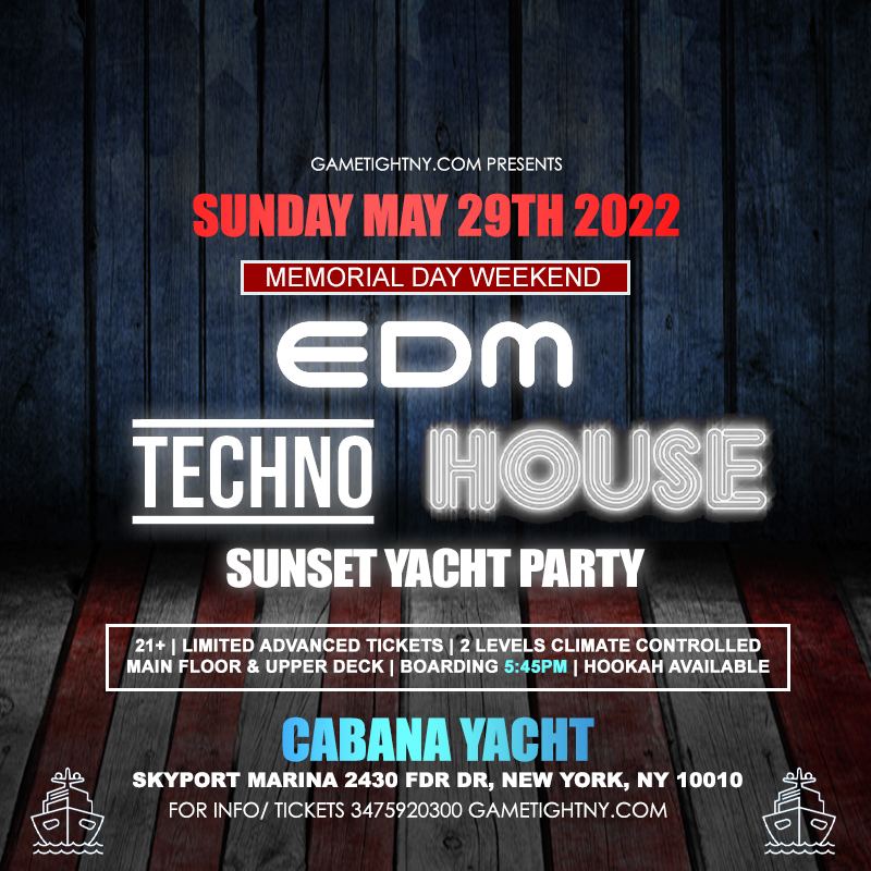 Buy tickets for MDW Techno NYC Sunday Sunset Cabana Yacht Party Cruise Skyport Marina 2022 MDW Techno NYC Sunday Sunset Cabana Yacht Party Cruise Skyport Marina 2022