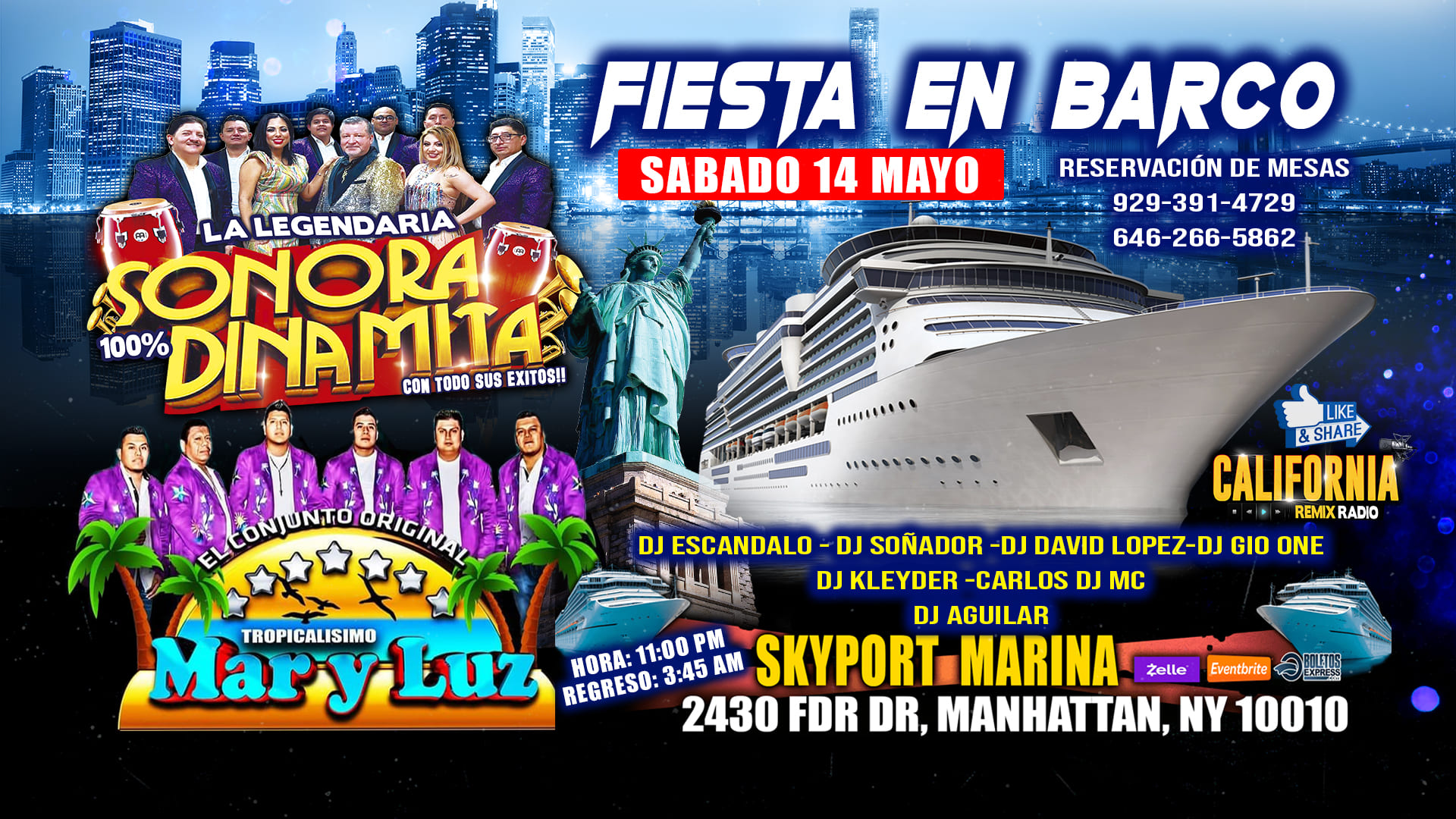 Fiesta En Barco Con Sonora Dinamita + Mar y Luz + Radio Dj's + Dos Pisos De Musica Diferente