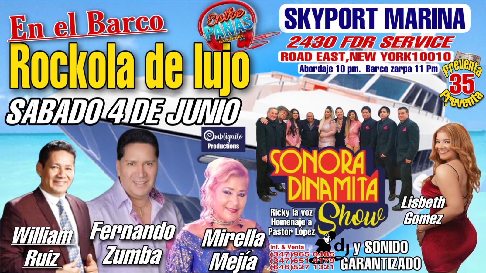 Buy tickets for BOAT PARTY ROCKOLA DE LUJO, CUMBIA CON LA ORQUESTA SDS, HOMENAJE A PASTOR LOPEZ SABADO 4 DE JUNIO 2022 @ 11 P.M. BOAT PARTY ROCKOLA DE LUJO, CUMBIA CON LA ORQUESTA SDS, HOMENAJE A PASTOR LOPEZ SABADO 4 DE JUNIO 2022 @ 11 P.M.