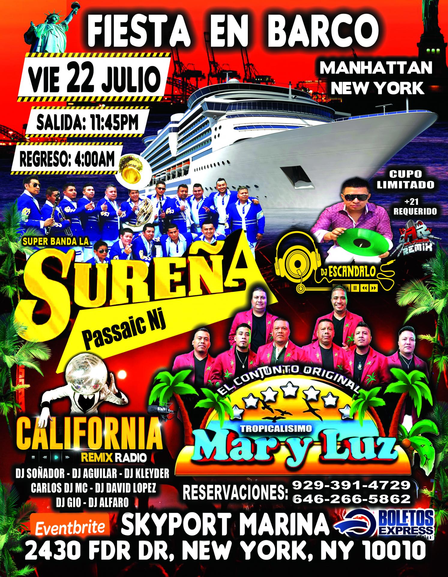 Fiesta En Barco En Manhattan Ny + Banda Surena + Mar y luz + Radio Dj's + Dos Pisos De Musica Diferente