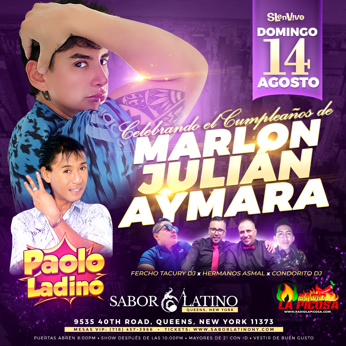 Buy tickets for MARLON JULIAN AYMARA & PAOLO LADINO EN NEW YORK! MARLON JULIAN AYMARA & PAOLO LADINO EN NEW YORK!