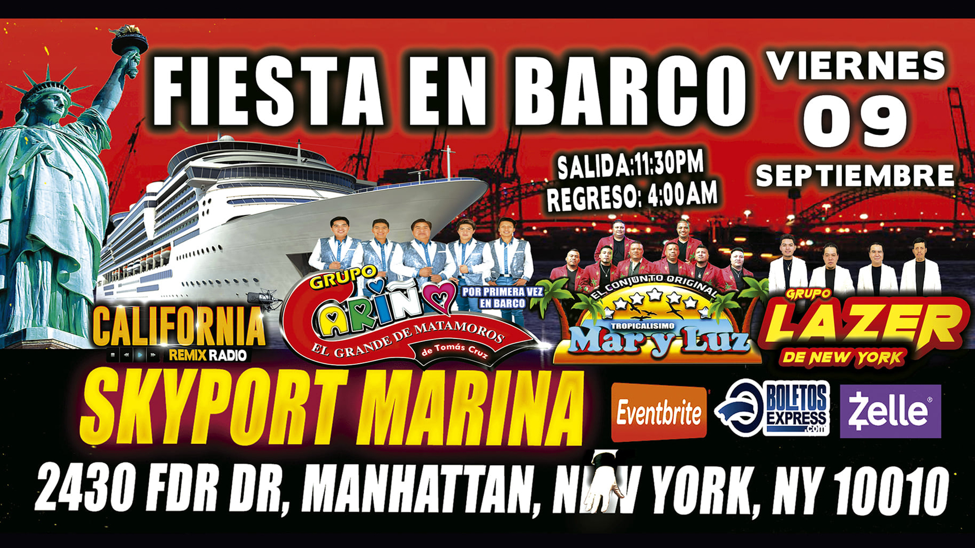 Buy tickets for Fiesta En Barco + Grupo Cariño + Mar y Luz + Grupo Laser + Radio Dj's Fiesta En Barco + Grupo Cariño + Mar y Luz + Grupo Laser + Radio Dj's