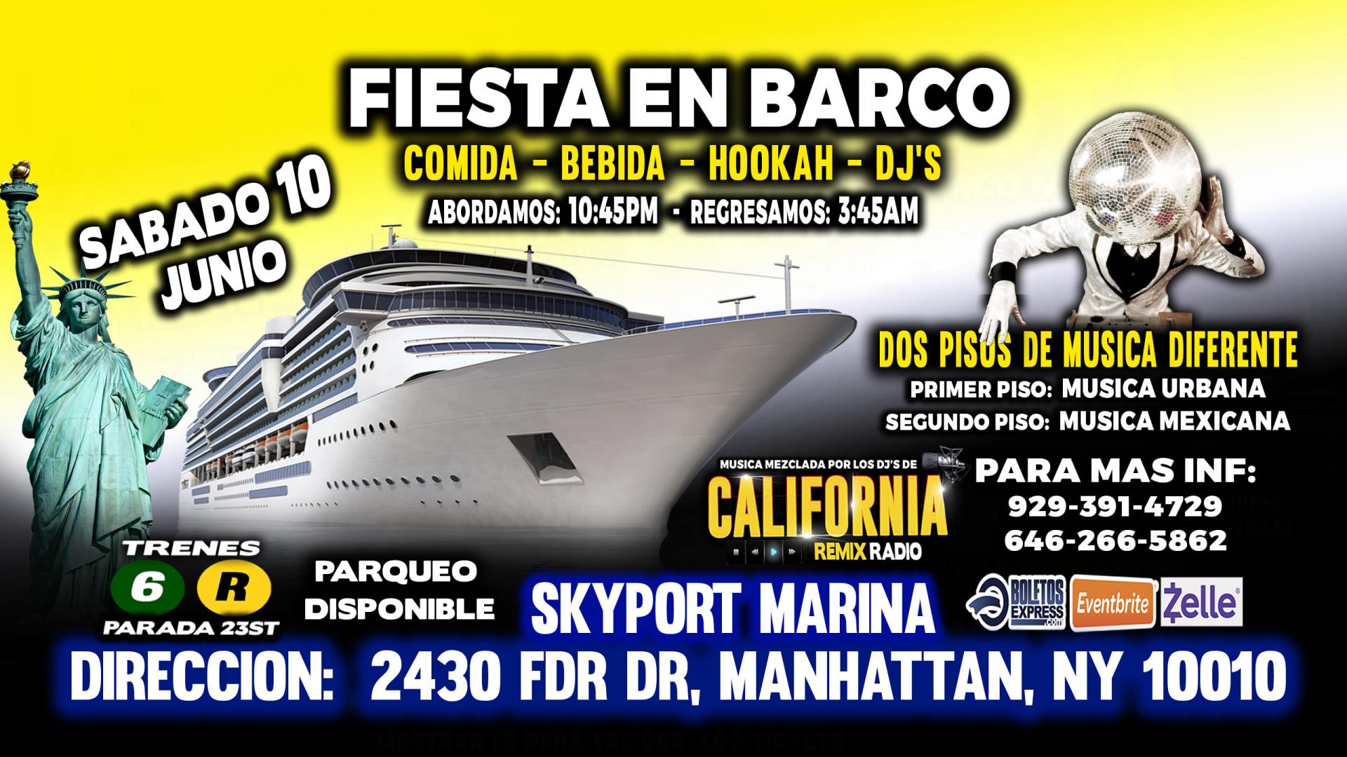 FIESTA EN BARCO +  RADIO DJS + MUSICA URBANA + MUSICA MEXICANA + 2 PISOS DE MUSICA VARIADA