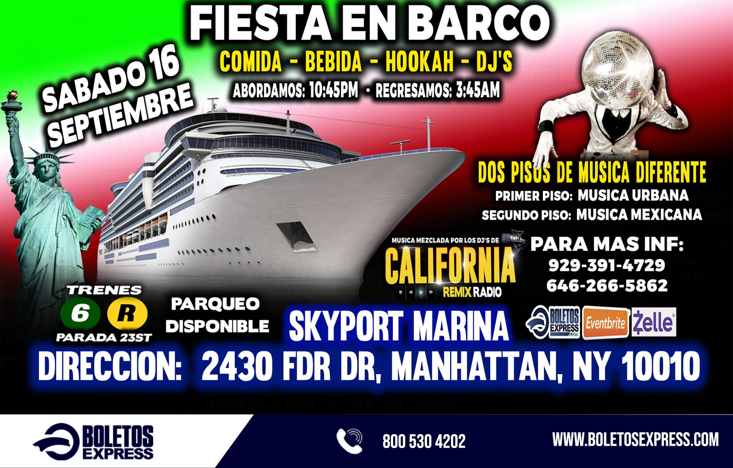 Buy tickets for FIESTA EN BARCO + RADIO DJS + MUSICA URBANA + MUSICA MEXICANA + 2 PISOS DE MUSICA VARIADA FIESTA EN BARCO + RADIO DJS + MUSICA URBANA + MUSICA MEXICANA + 2 PISOS DE MUSICA VARIADA