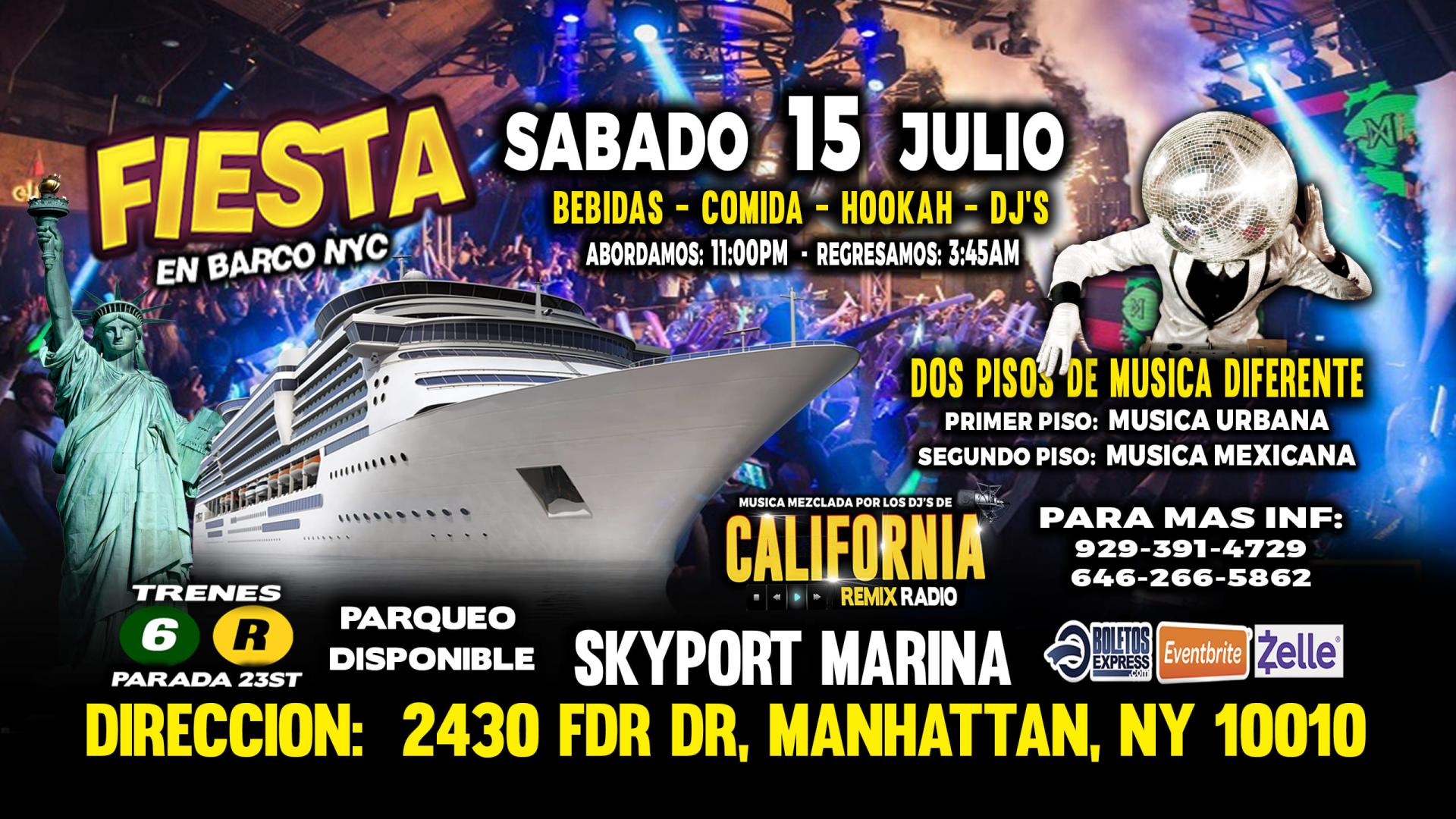 FIESTA EN BARCO +  RADIO DJS + MUSICA URBANA + MUSICA MEXICANA + 2 PISOS DE MUSICA VARIADA