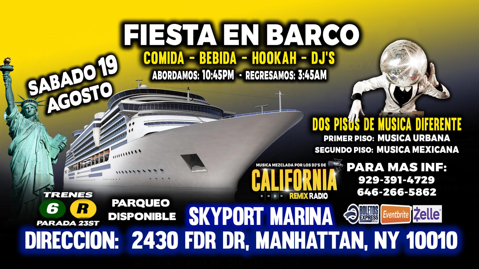 FIESTA EN BARCO +  RADIO DJS + MUSICA URBANA + MUSICA MEXICANA + 2 PISOS DE MUSICA VARIADA