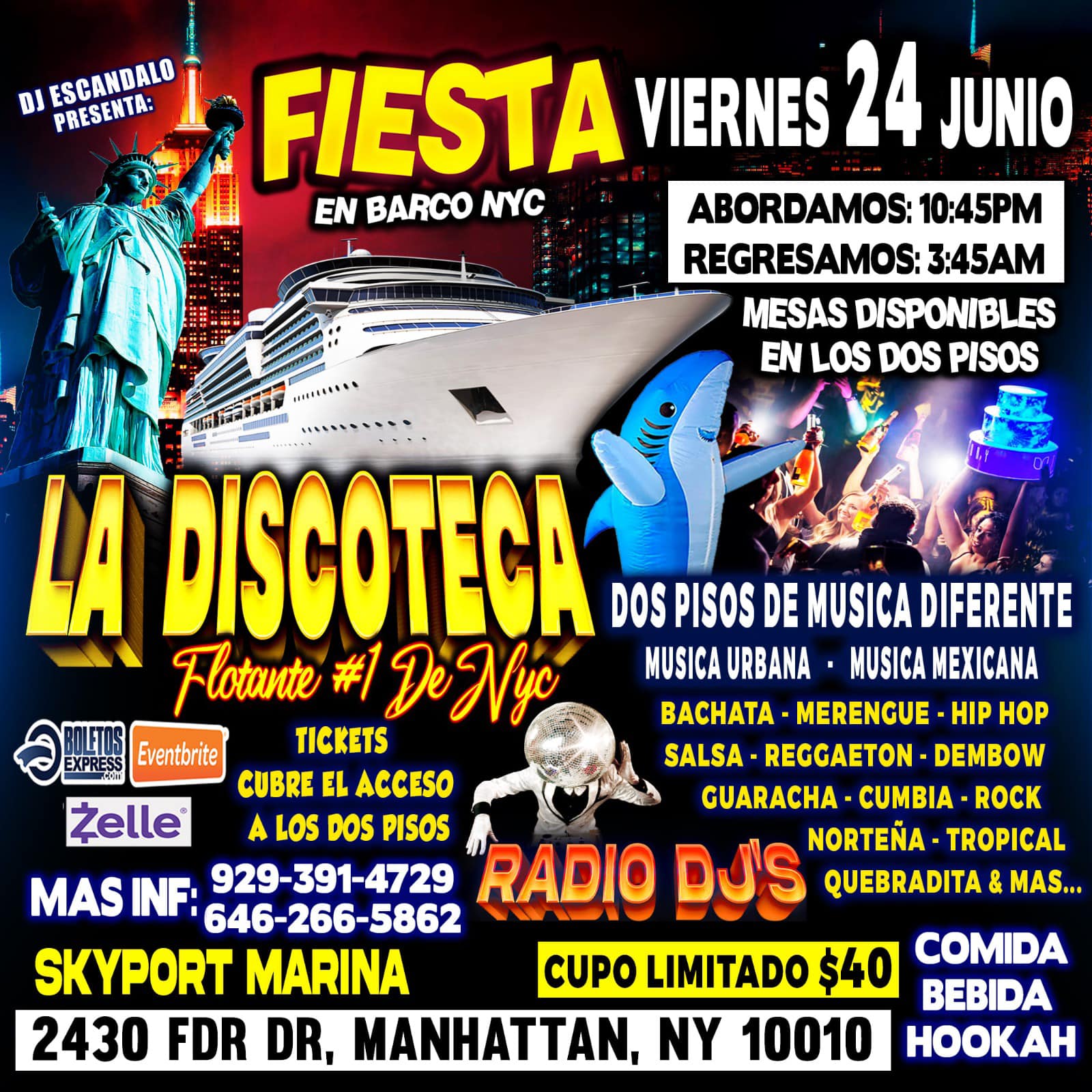 FIESTA EN BARCO +  RADIO DJS + MUSICA URBANA + MUSICA MEXICANA + 2 PISOS DE MUSICA VARIADA
