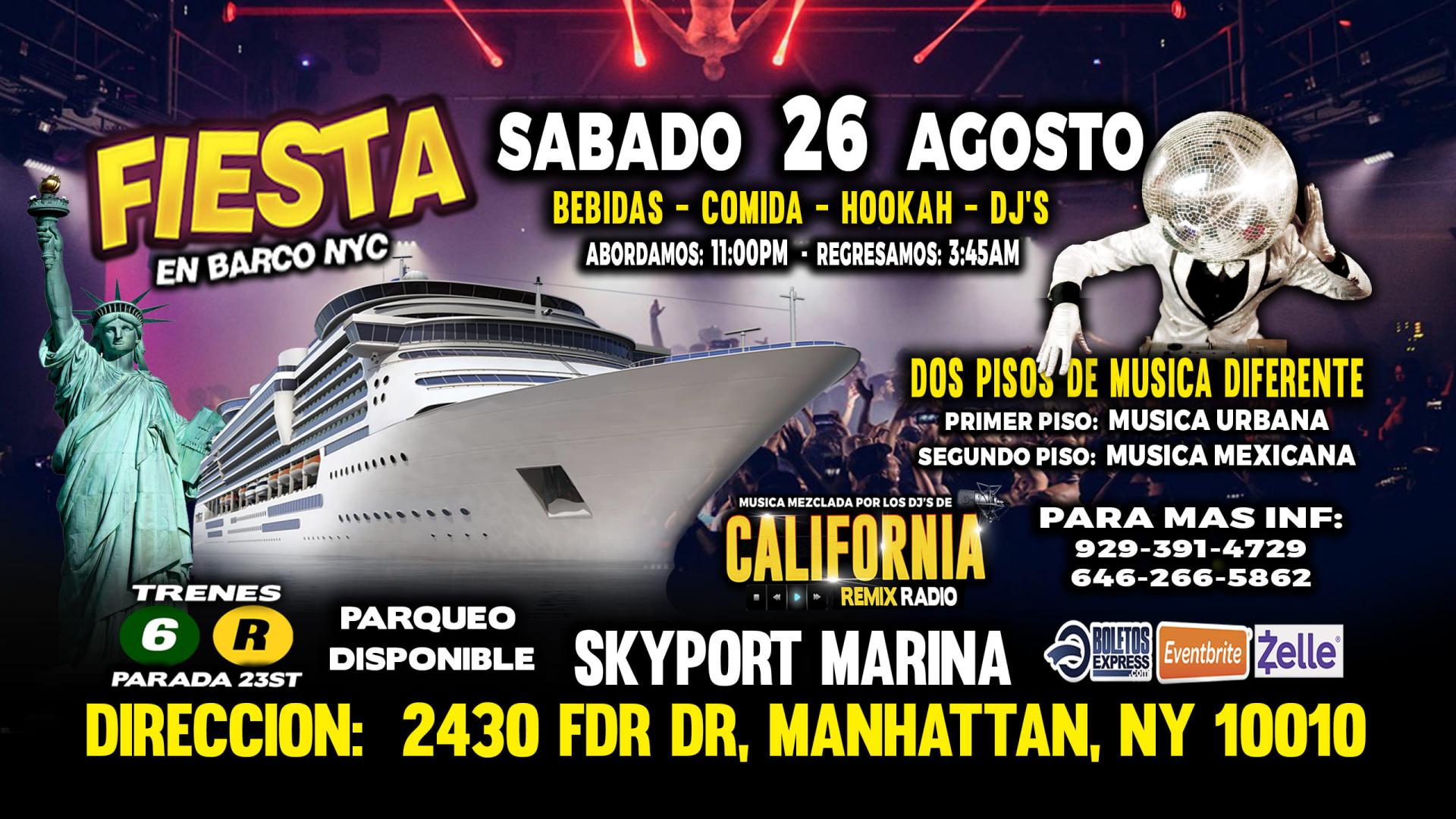 FIESTA EN BARCO +  RADIO DJS + MUSICA URBANA + MUSICA MEXICANA + 2 PISOS DE MUSICA VARIADA