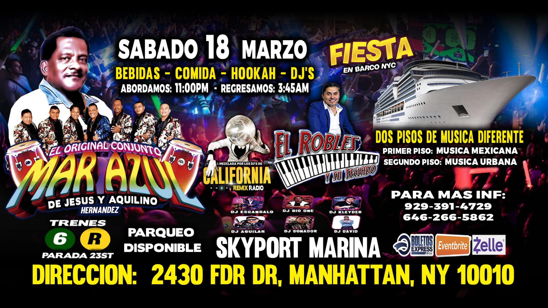Fiesta En Barco +Conjunto Mar Azul + El Robles + Radio Djs + Manhattan Ny