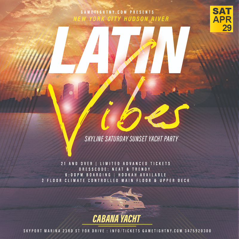 Buy tickets for Latin Vibes Saturday NYC Booze Sunset Cabana Yacht Party Cruise 2023 Latin Vibes Saturday NYC Booze Sunset Cabana Yacht Party Cruise 2023