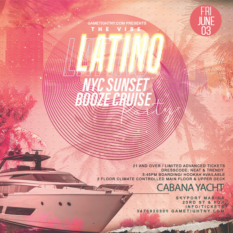 Latin Vibes Cabana Yacht NYC Party Saturday Sunset Cruise Skyport Marina
