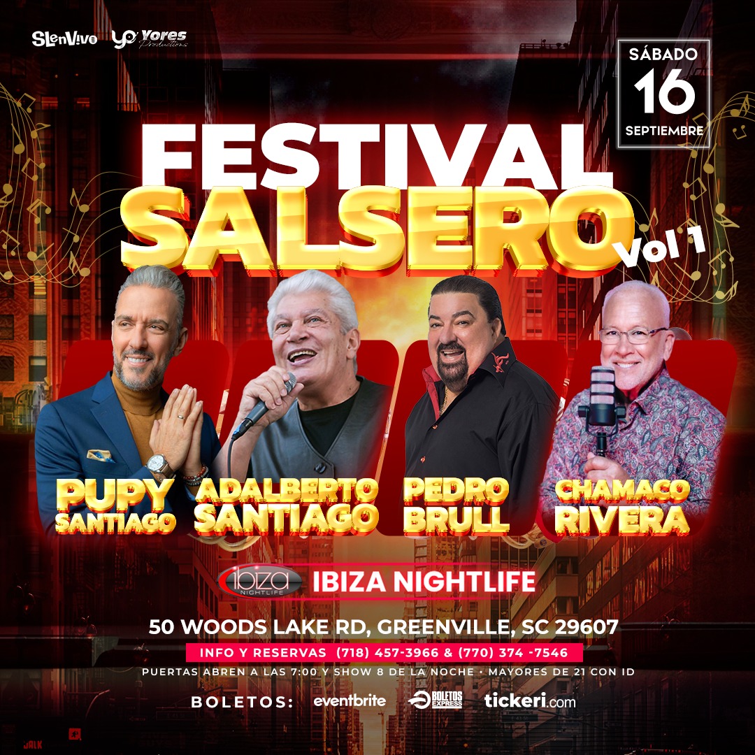 Buy tickets for FESTIVAL SALSERO VOL.1 / PUPY SANTIAGO, ADALBERTO SANTIAGO, PEDRO BRULL & CHAMACO RIVERA EN GRENVILLE, SC FESTIVAL SALSERO VOL.1 / PUPY SANTIAGO, ADALBERTO SANTIAGO, PEDRO BRULL & CHAMACO RIVERA EN GRENVILLE, SC
