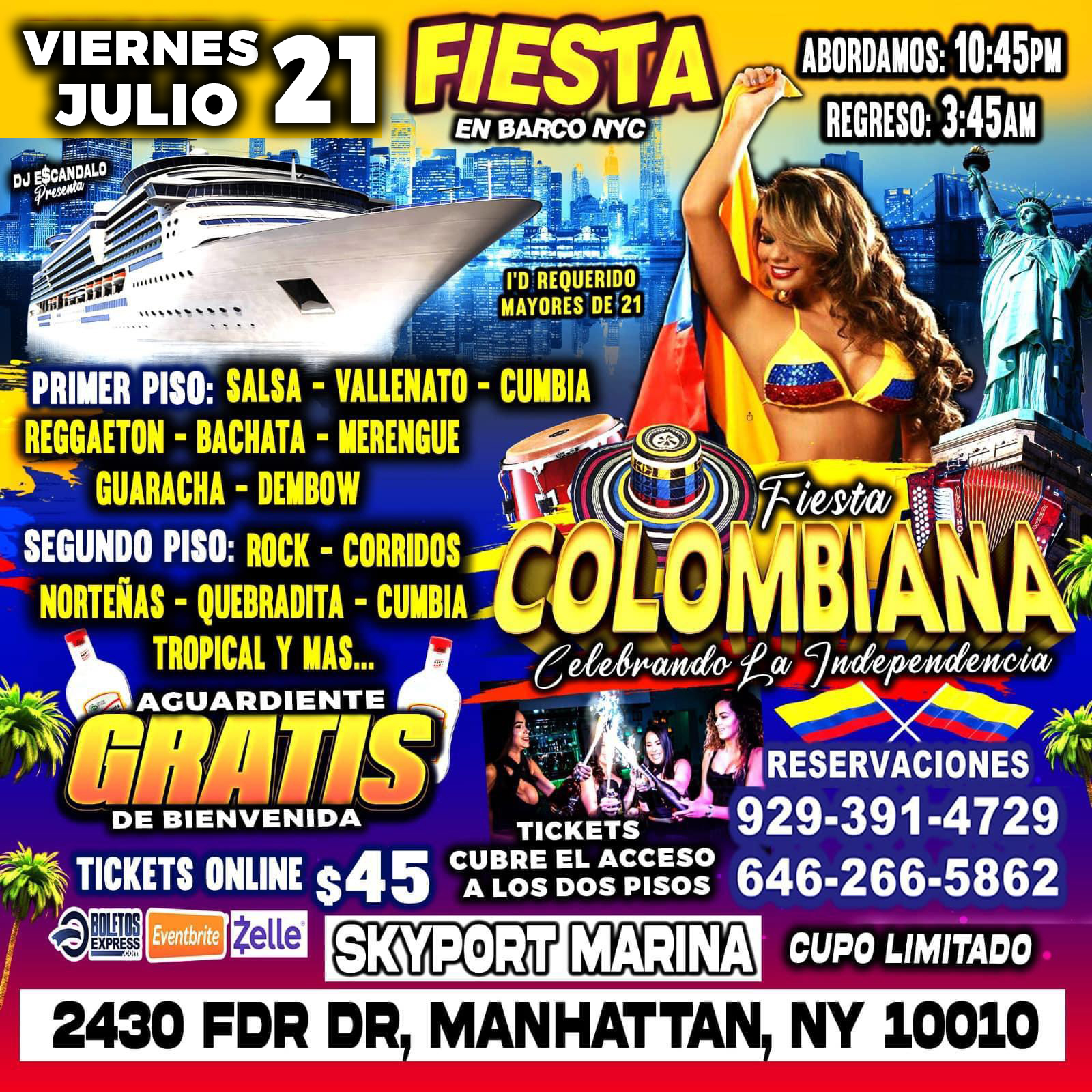 Fiesta Colombiana En Barco + Manhattan Ny + Dos Pisos De Musica Diferete