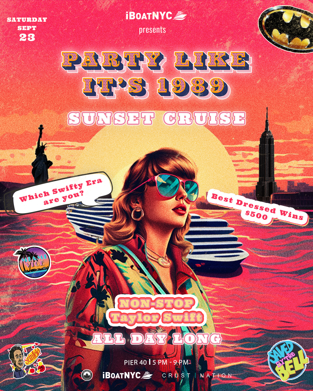 Buy tickets for TAYLOR SWIFT Tribute Sunset Boat Cruise NYC - Party Like It's 1989 TAYLOR SWIFT Tribute Sunset Boat Cruise NYC - Party Like It's 1989
