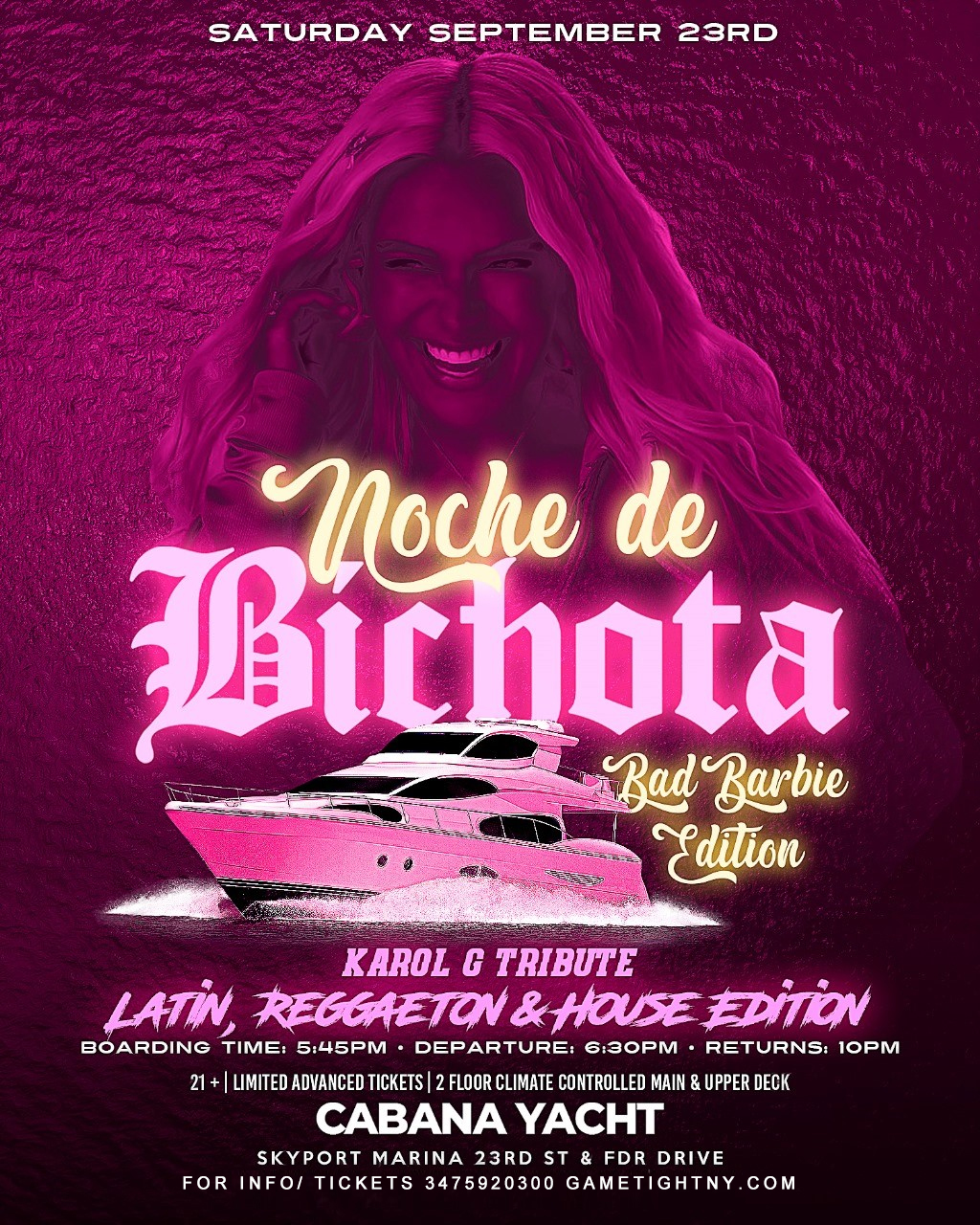 Noche de Bichota Karol G Theme Cabana Yacht Party Cruise