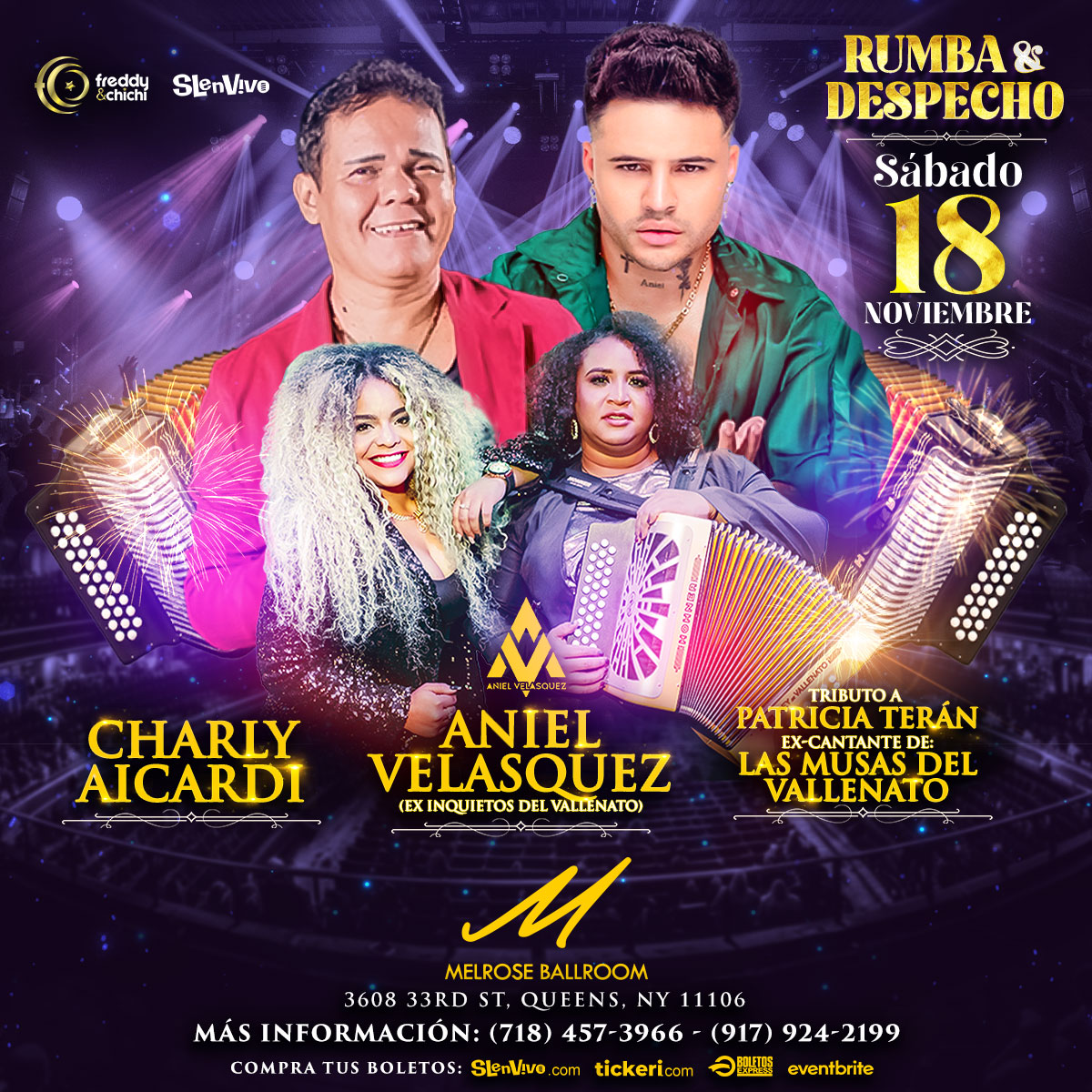 Buy tickets for ANIEL VELASQUEZ, CHARLY AICARDI, HMN. MUSAS DEL VALLENATO ! NEW YORK ANIEL VELASQUEZ, CHARLY AICARDI, HMN. MUSAS DEL VALLENATO ! NEW YORK