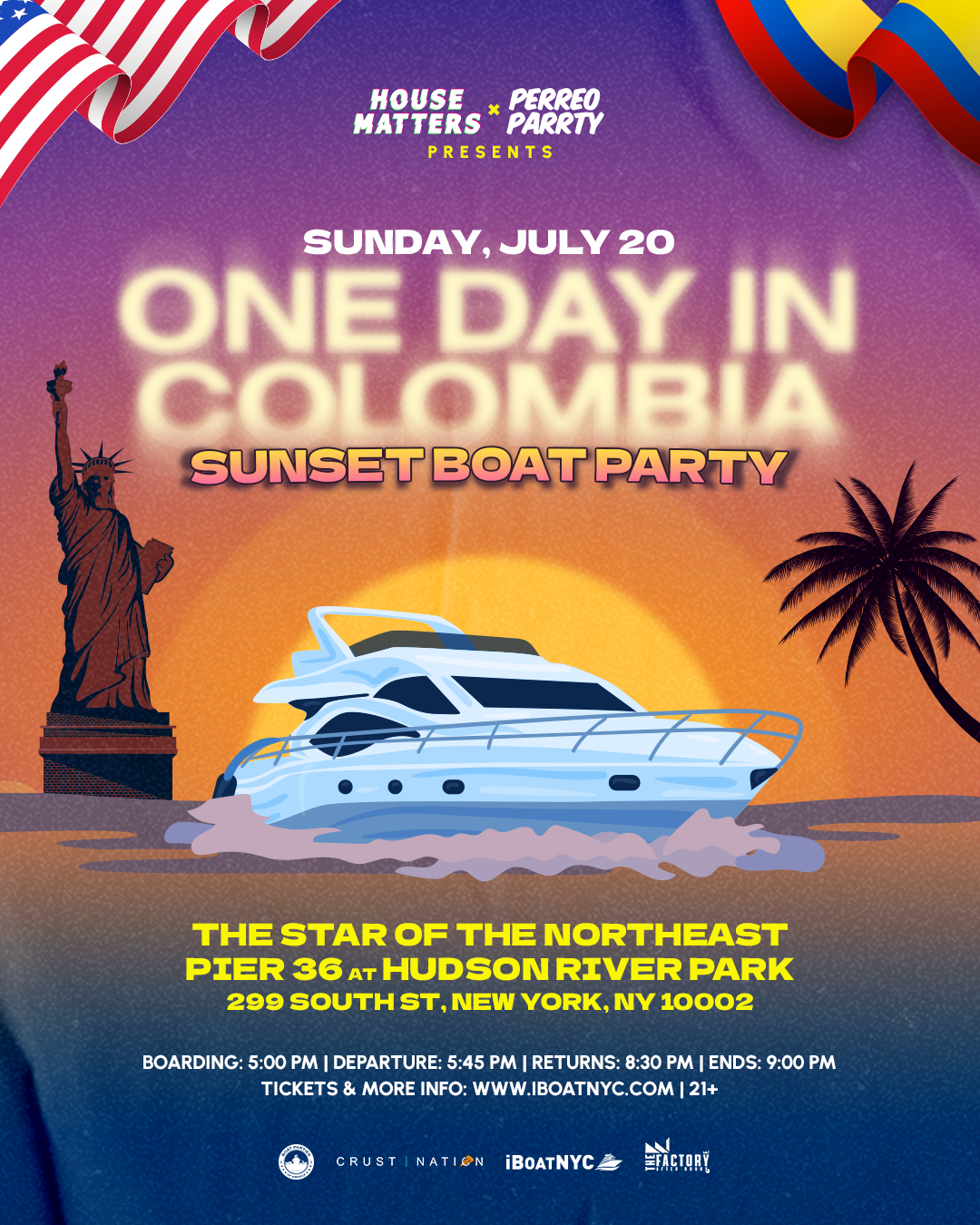 Buy tickets for Colombian Independence Day Sunset Boat Party Yacht Cruise Colombian Independence Day Sunset Boat Party Yacht Cruise