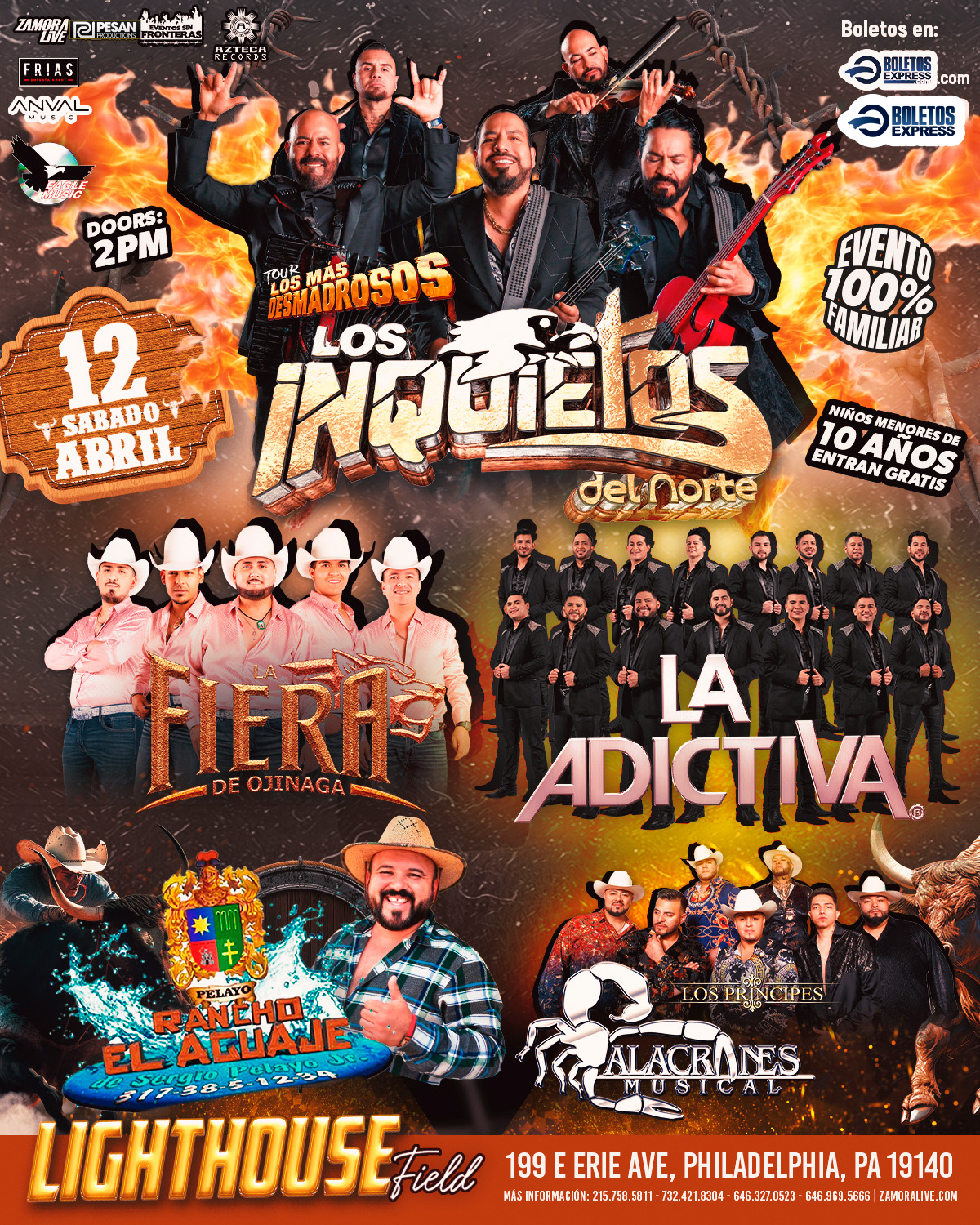 Buy tickets for LOS INQUIETOS DEL NORTE • LA ADICTIVA • RANCHO EL AGUAJE • FIERA DE OJINAGA & ALACRANES EN LIGHTHOUSE FIELD (PHILADELPHIA) LOS INQUIETOS DEL NORTE • LA ADICTIVA • RANCHO EL AGUAJE • FIERA DE OJINAGA & ALACRANES EN LIGHTHOUSE FIELD (PHILADELPHIA)