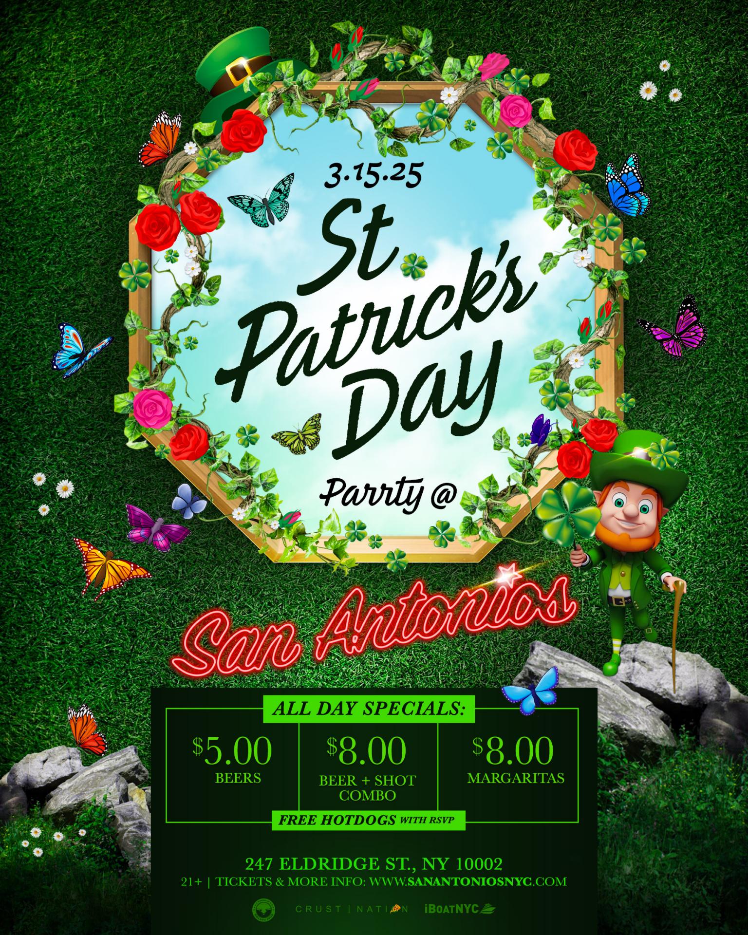 Buy tickets for St. Patrick's Day Party at San Antonios - Free Hotdogs & Drinks Specials St. Patrick's Day Party at San Antonios - Free Hotdogs & Drinks Specials