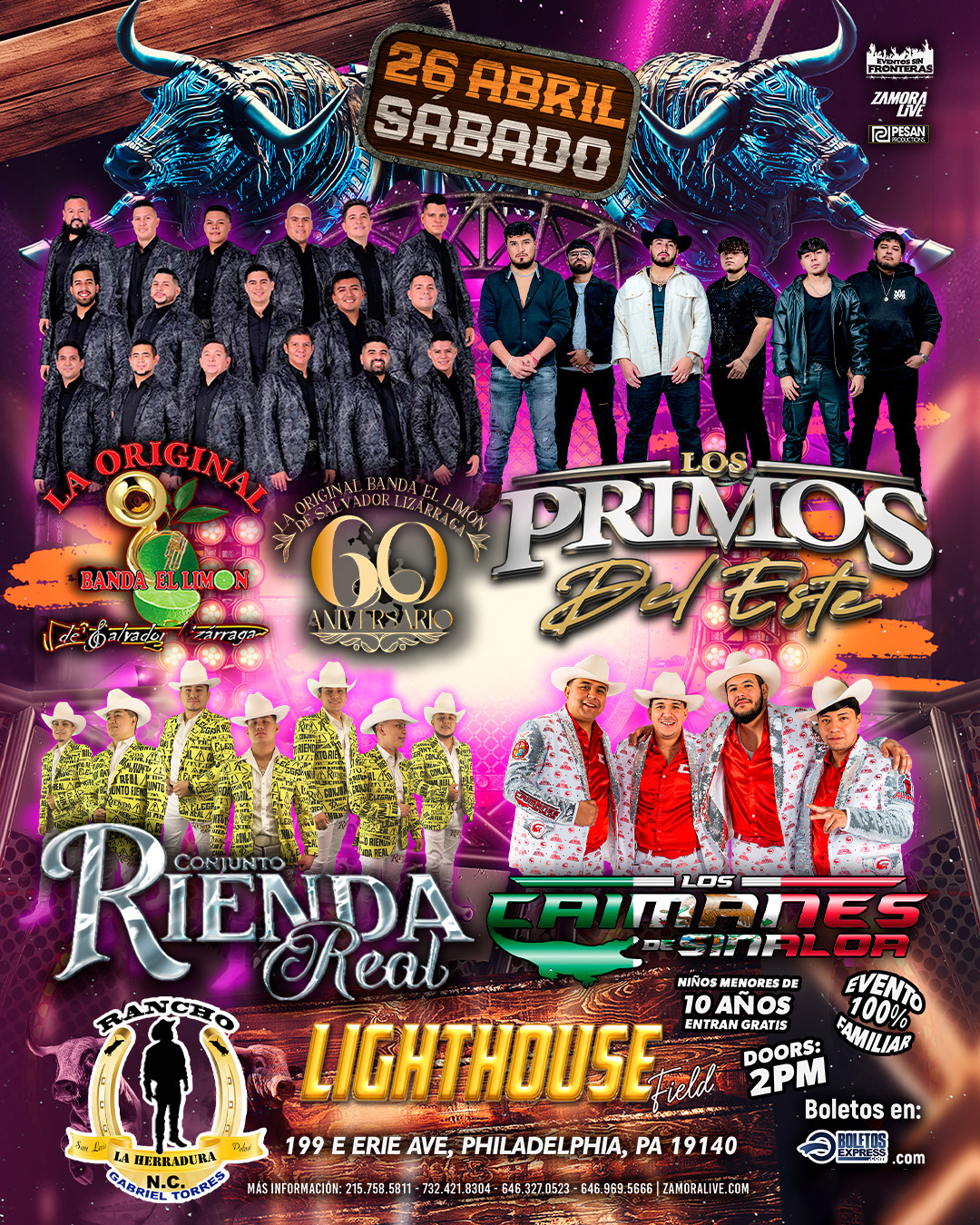 Buy tickets for LA ORIGINAL BANDA EL LIMÓN • LOS PRIMOS DEL ESTE • LOS CAIMANES DE SINALOA • CONJUNTO RIENDA REAL EN LIGHTHOUSE FIELD LA ORIGINAL BANDA EL LIMÓN • LOS PRIMOS DEL ESTE • LOS CAIMANES DE SINALOA • CONJUNTO RIENDA REAL EN LIGHTHOUSE FIELD