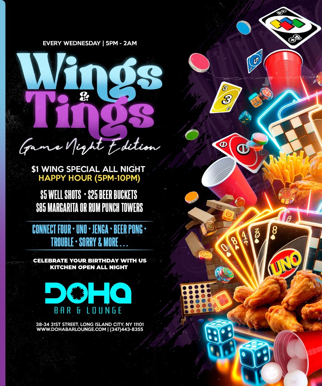 Buy tickets for Wings & Tings: Game Night Edition at Doha Bar Lounge! Wings & Tings: Game Night Edition at Doha Bar Lounge!