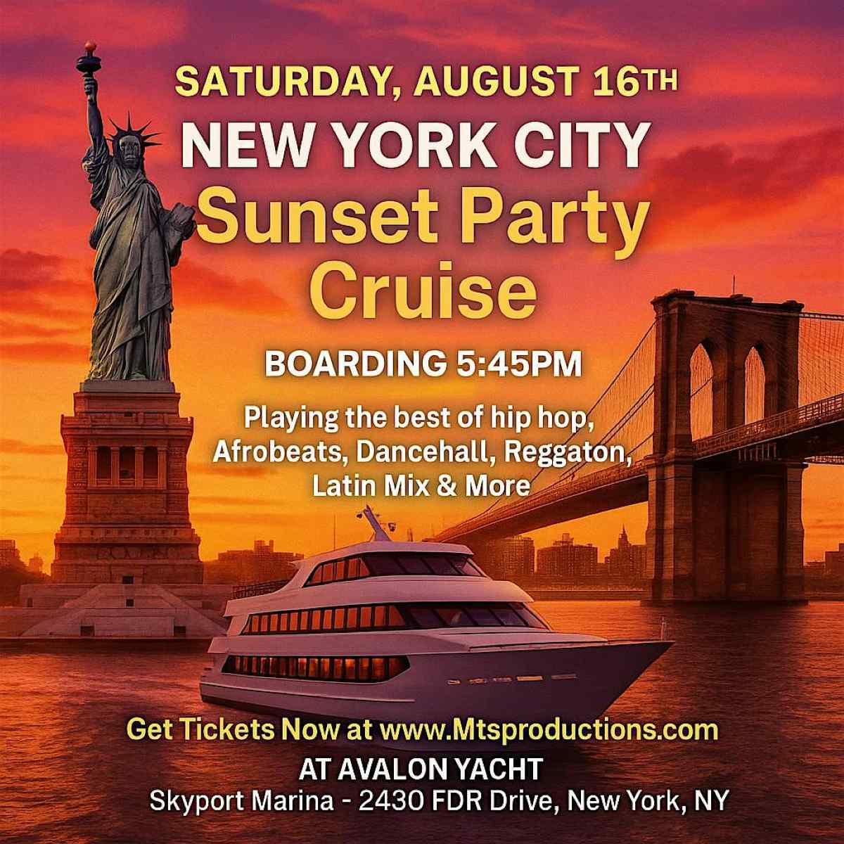 New York City Sunset Party Cruise – August 16th | Avalon Yacht