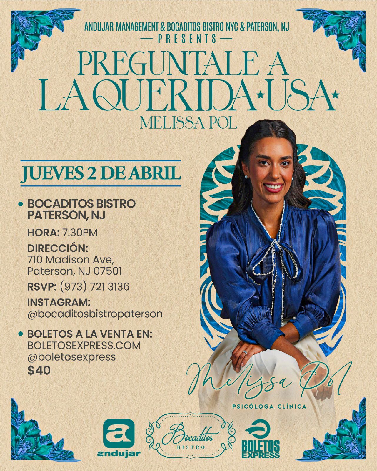 Buy tickets for Melissa Pol - Bocaditos Bristo Paterson, NJ Melissa Pol - Bocaditos Bristo Paterson, NJ