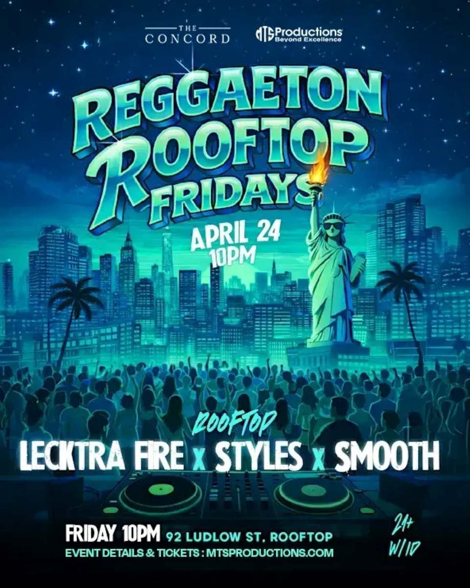 Buy tickets for Reggaeton Rooftop Fridays at Concord NYC | Friday, Apr 24th, 2026 Reggaeton Rooftop Fridays at Concord NYC | Friday, Apr 24th, 2026