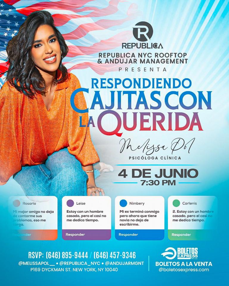 Buy tickets for REPUBLICA NYC PRESENTS: RESPONDIENDO CAJITAS CON LA QUERIDA MELISSA POL REPUBLICA NYC PRESENTS: RESPONDIENDO CAJITAS CON LA QUERIDA MELISSA POL