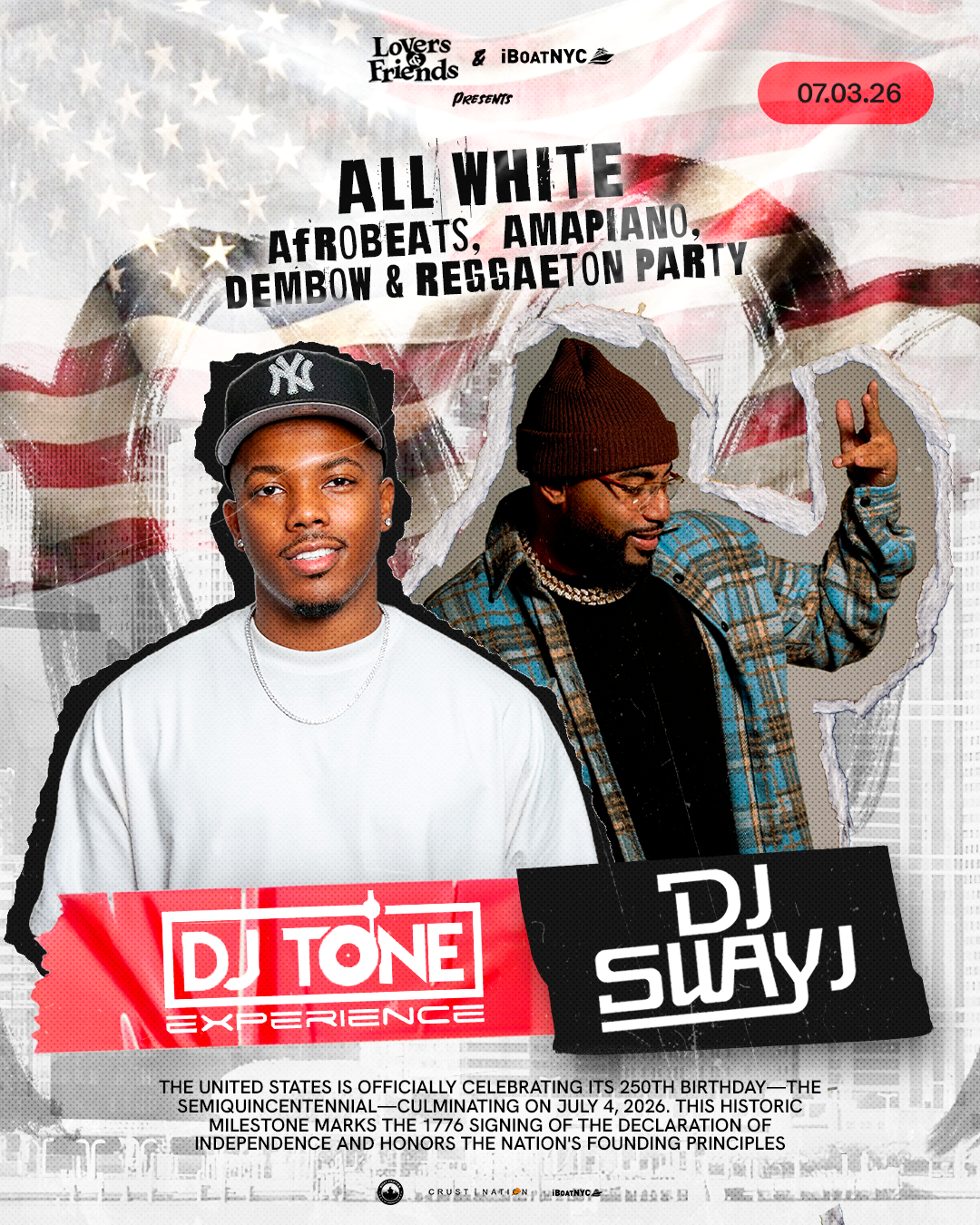 Buy tickets for ALL WHITE Independence Day: DJ TONE & DJ SWAY J Boat Party ALL WHITE Independence Day: DJ TONE & DJ SWAY J Boat Party