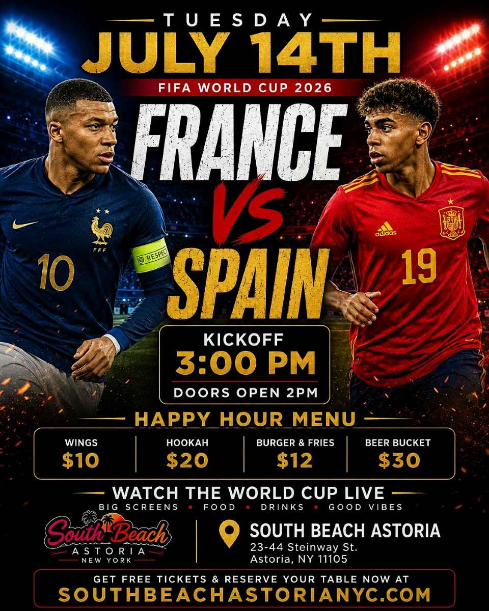 Buy tickets for France vs Spain FIFA World Cup 2026 Watch Party at South Beach Astoria France vs Spain FIFA World Cup 2026 Watch Party at South Beach Astoria