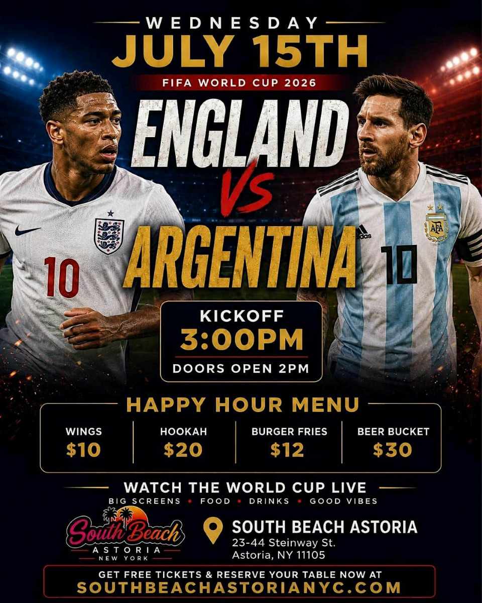 Buy tickets for England vs Argentina FIFA World Cup 2026 Watch Party at South Beach Astoria England vs Argentina FIFA World Cup 2026 Watch Party at South Beach Astoria