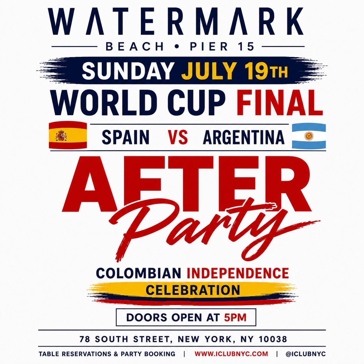 Buy tickets for #1 World Cup Final After Party - Spain VS Argentina @ Watermark #1 World Cup Final After Party - Spain VS Argentina @ Watermark