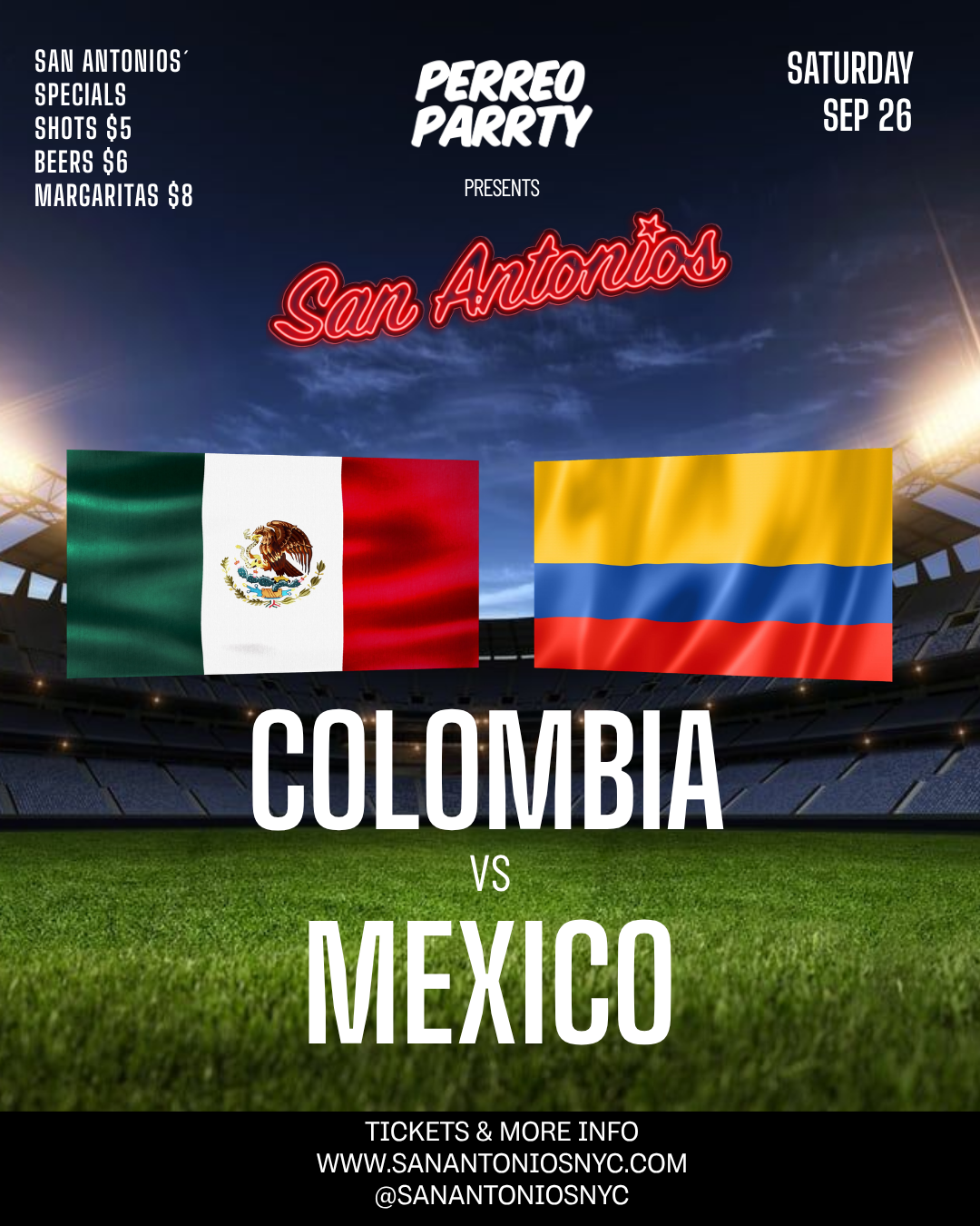 Buy tickets for Colombia vs Mexico - Soccer Game Watch Party at San Antonios Reggaeton Bar Colombia vs Mexico - Soccer Game Watch Party at San Antonios Reggaeton Bar