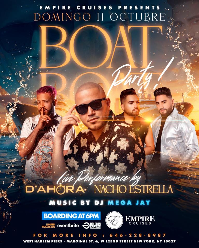 Buy tickets for Nacho Estrella x El Grupo D’Ahora x Dj Mega JAY, BOAT PARTY! Nacho Estrella x El Grupo D’Ahora x Dj Mega JAY, BOAT PARTY!